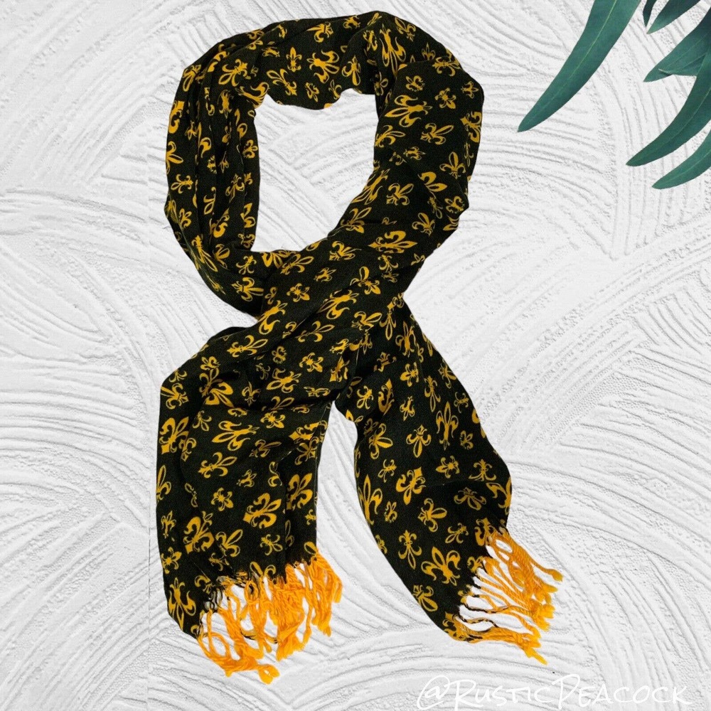 Pashmina Fleur De Lis Necktie Scarf Women's 80" Black Yellow Gold Shawl Fringe